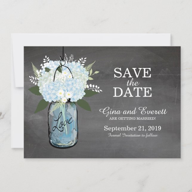 Save The Date Ardoise Pot Mason Hydrangeas | SAUVEZ LA DATE (Devant)