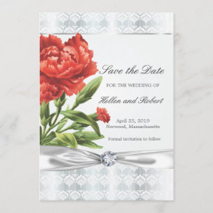 Save The Date Argent Diamant & Fleur Rouge Élégant Enregistrer l