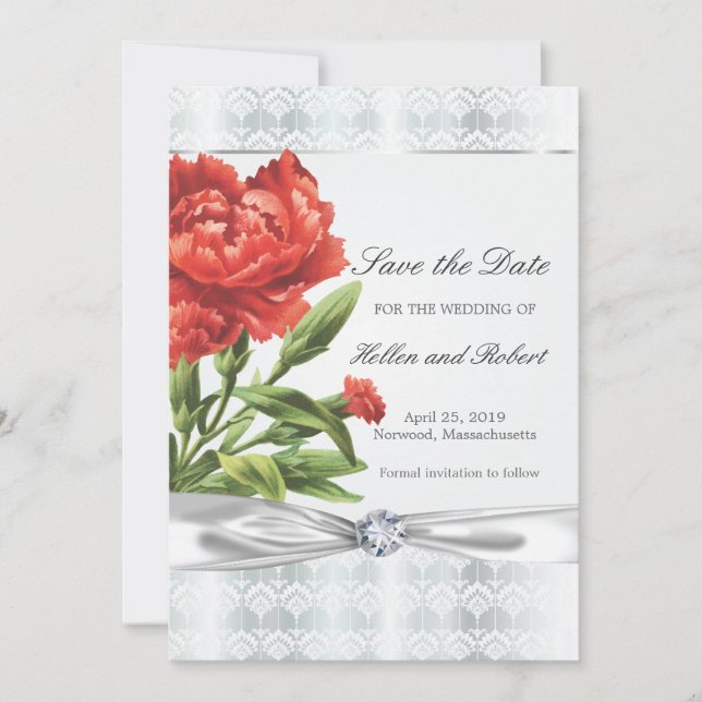 Save The Date Argent Diamant & Fleur Rouge Élégant Enregistrer l (Devant)