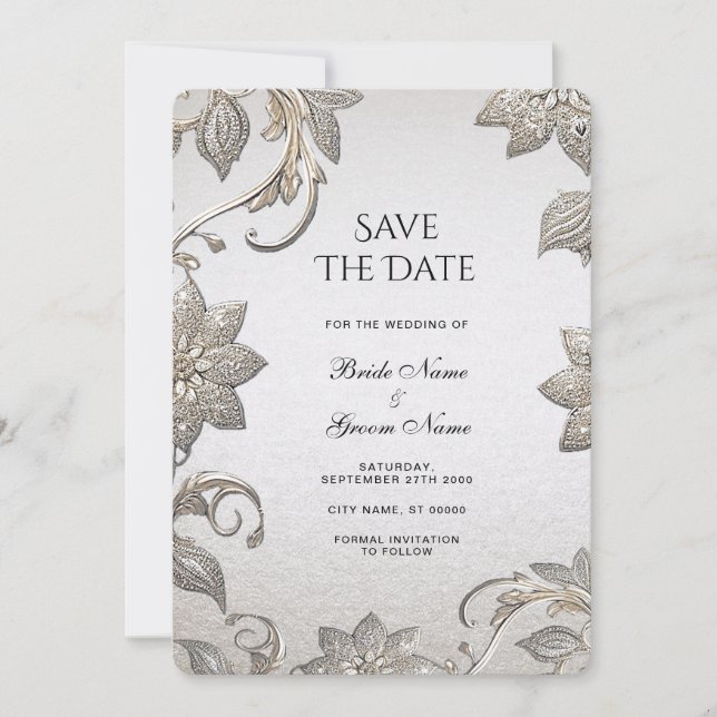 Save The Date Argent Or Floral Enregistrer La Date (Devant)