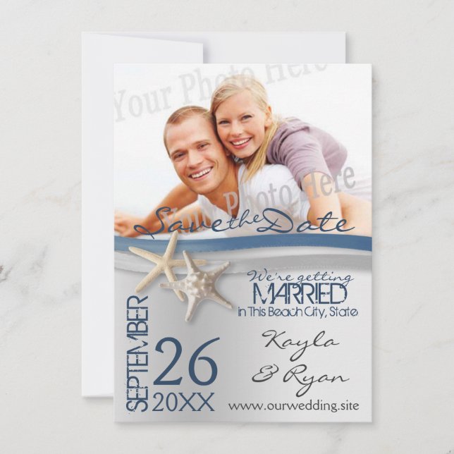 Save The Date Argent Starfish et ruban bleu Enregistrer la date (Devant)