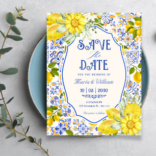 Save The Date art de mariage à motif de carrelage de citron bleu