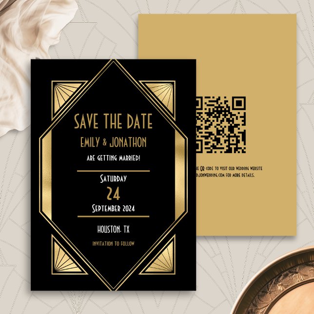 Save The Date Art Déco Black Gold QR Code Mariage Enregistrer La (Front and back view)
