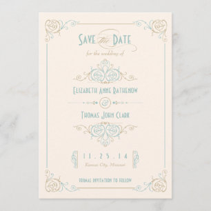 Save The Date Art Déco Bleu & Bronze fantaisie Enregistrer la da