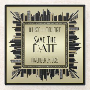 Save the Date Art Deco Champagne Gold Gatsby Glam Glasuntersetzer