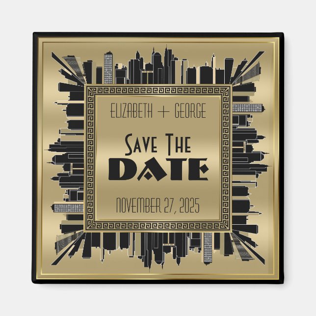 Save the Date Art Deco Gatsby Glamour Gold Black Magnet (Vorne)