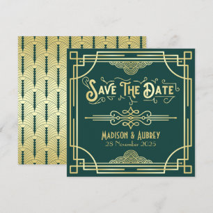 Save The Date Art Déco Mariage Elegant Gold Green