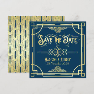 Save The Date Art Déco Mariage Elegant Or Bleu Grand Gatsby