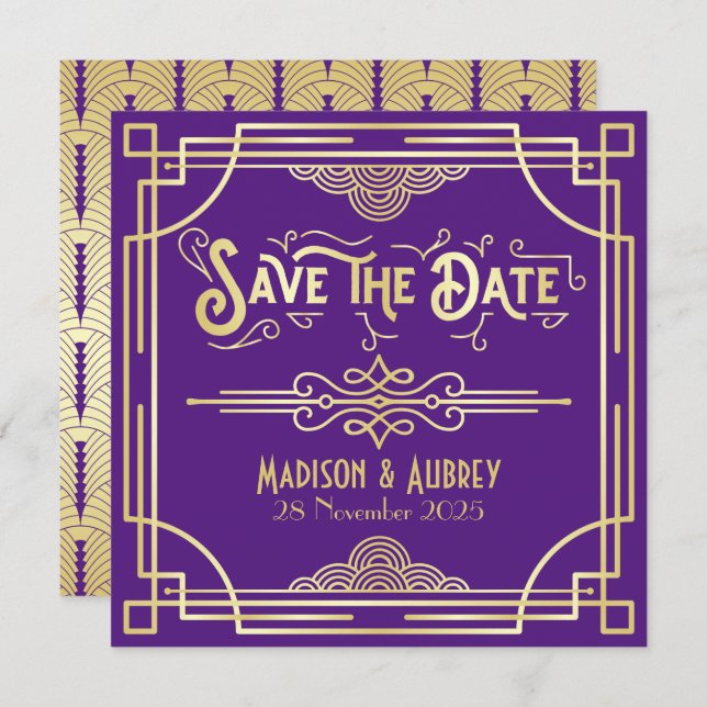 Save The Date Art Déco Mariage Elégant or violet Grand Gatsby (Devant / Derrière)