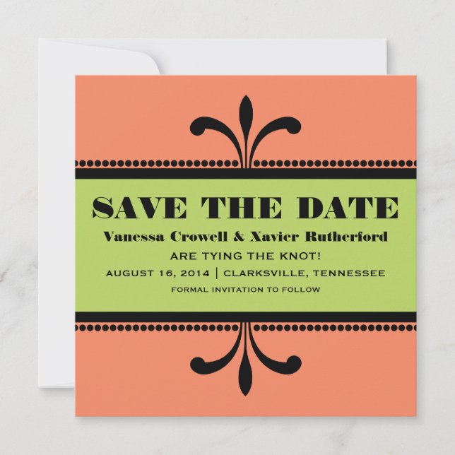 Save The Date Art Déco Orange/Vert fantaisie Enregistrer la date (Devant)