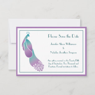 Save the Date Art-Deco-Pfau in Purpurfarben und Aq