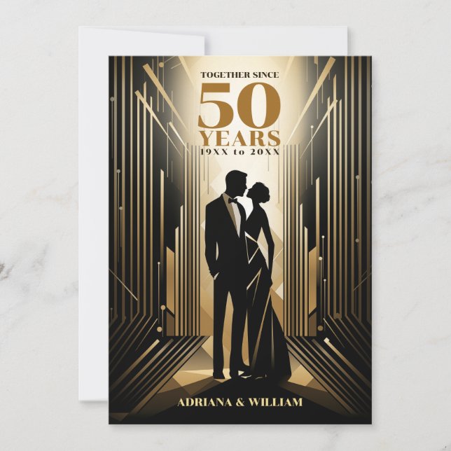 Save The Date Art Déco Rétro Mariage Anniversaire Noir & Or (Devant)