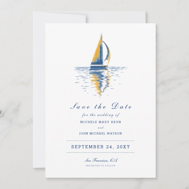 Save The Date Art Navy Blue Yellow Sailing Boat Enregistrer la d (Devant)