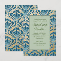 Art Nouveau, or, turquoise, damas, floral, motif, 