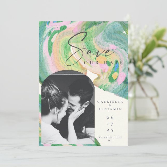 Save The Date Artsy Abstrait Vert aquarelle Mariage photo (Debout devant)