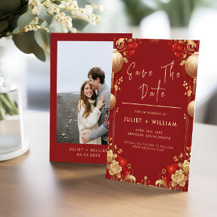 Save The Date Asiatique Moderne Floral Chinois Bilingue Mariage