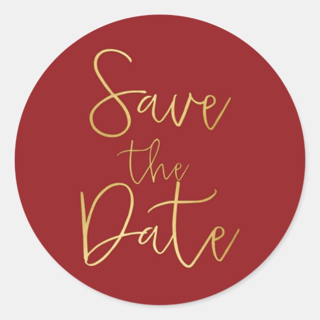 Save the Date Aufkleber für Red & Gold Script (Vorderseite)
