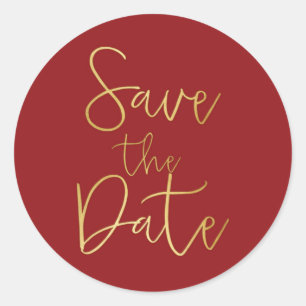 Save the Date Aufkleber für Red & Gold Script