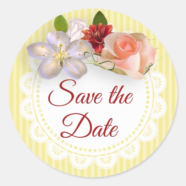 Save the Date Aufkleber Gelb und Korallenblume (Vorderseite)