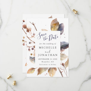 Save The Date Automne Bleu Or Feuilles Aquarelle Christian Maria