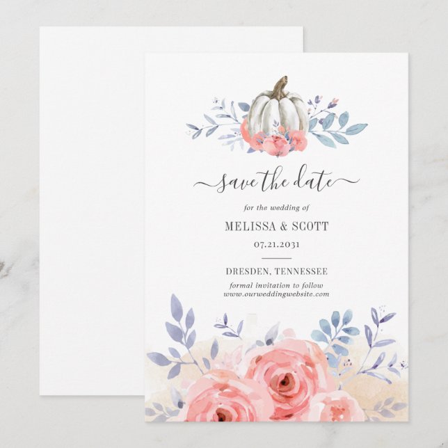 Save The Date Automne Blush rose Roses Citrouille Floral (Devant / Derrière)