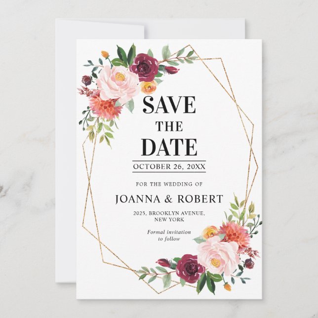 Save The Date Automne Burgundy Blush Floral Mariage géométrique (Devant)