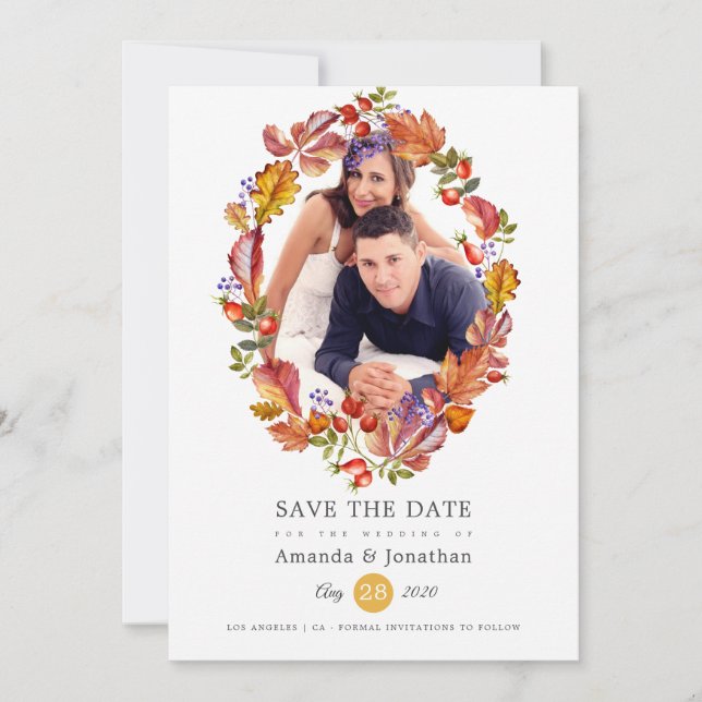 Save The Date Automne - Feuilles aquarelles Photo Mariage (Devant)