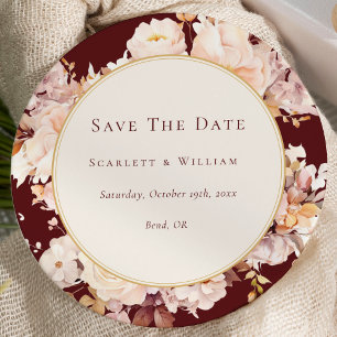 Save The Date Automne Floral Bourgogne Crème Mariage rond