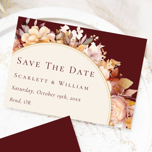 Save The Date Automne Floral Bourgogne Crème Moderne Mariage (Créateur téléchargé)