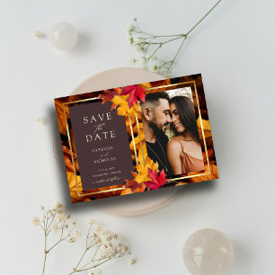 Save The Date Automne Woody Brown & Elegant Golden Frame Mariage