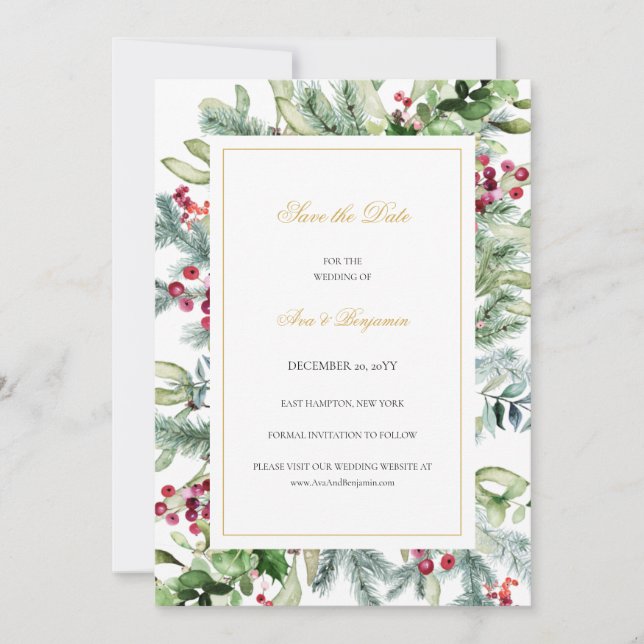 Save The Date Ava Winter Greenery Berries Mariage chrétien (Devant)