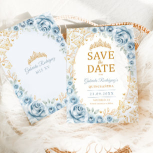 Save The Date Baby Blue Or Quinceanera Floral en Or