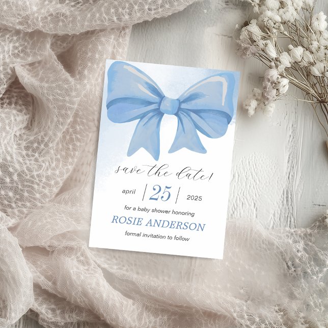 Save The Date Baby shower bleu à arc aquarelle (Blue Watercolor Bow Baby Shower Save The Date)