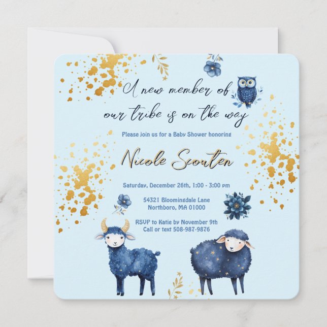 Save The Date Baby shower Bleu Gold Woodland Enregistrer La Date (Devant)
