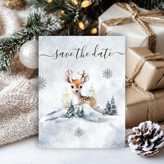 Save The Date Baby shower de cerfs de la forêt d'hiver (Winter Forest Baby Deer Baby Shower Save The Date)