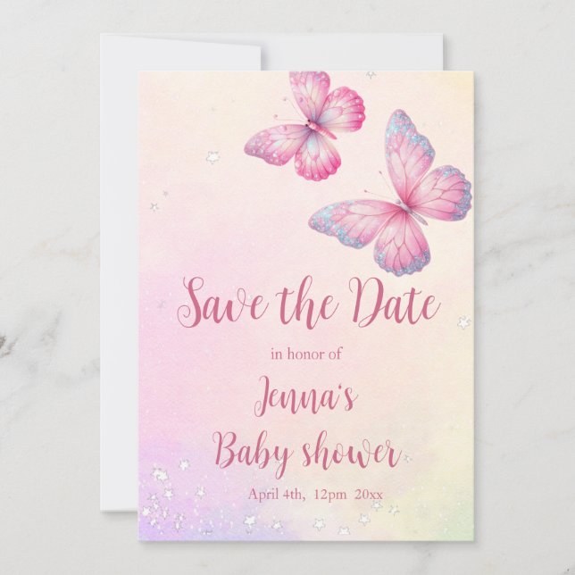 Save The Date Baby shower de code QR de papillon rose (Devant)