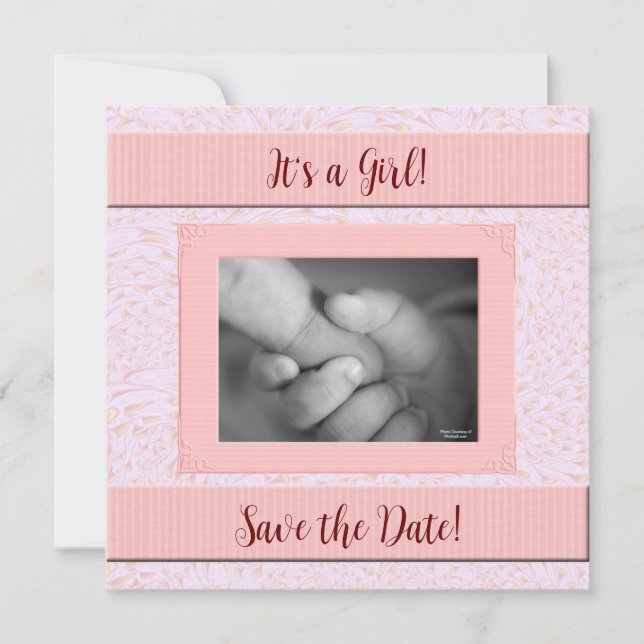 Save The Date Baby shower de fille rose et gris (Devant)
