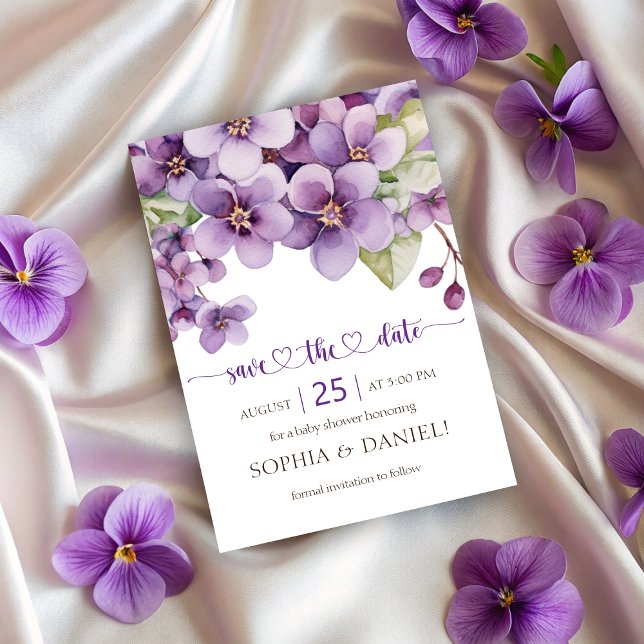 Save The Date Baby shower de fleurs violettes délicates été viol (Summer Purple Delicate Violet Flowers Baby Shower Save The Date)