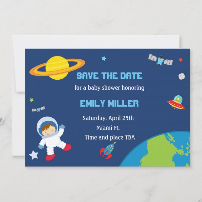 Save The Date Baby shower des planètes astronautes Enregistrer l (Devant)