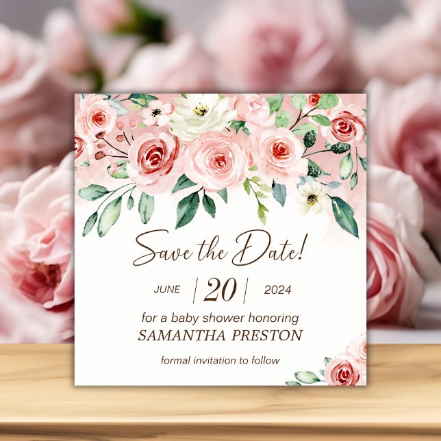 Save The Date Baby shower fille rose rose rose pâle (Blush Pink Rose Watercolor Girl Baby Shower Save The Date)