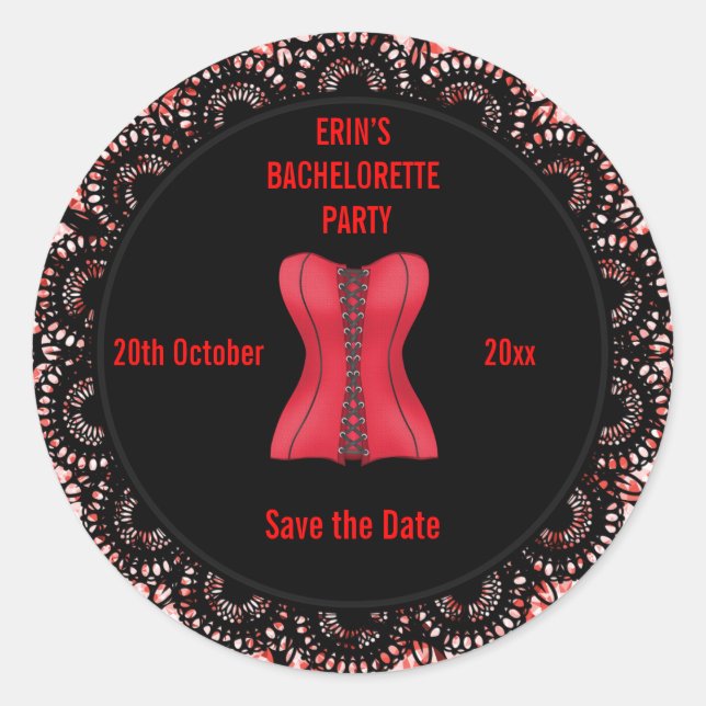 Save the Date Bachelorette Red Corset Untersetzer Runder Aufkleber (Vorderseite)