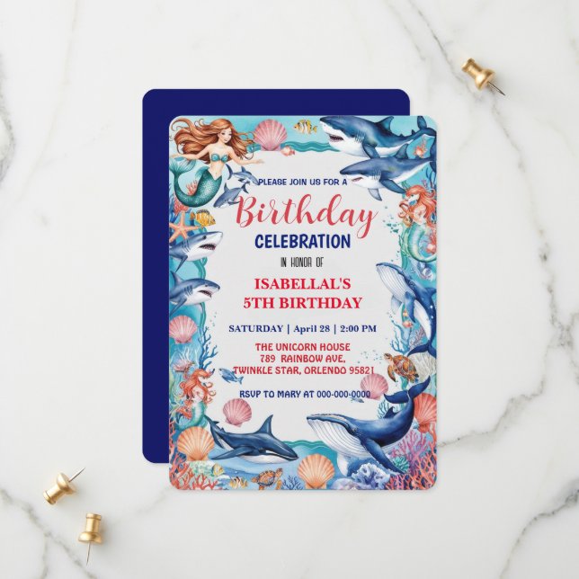 Save The Date Baleine blanche bleu mermaid baleine requin annive (Devant/Arrière en situation)