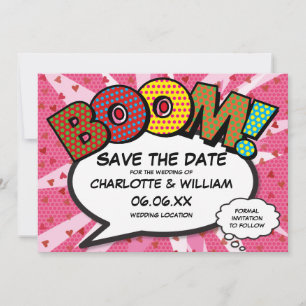 Save The Date Bande dessinée de plaisir moderne BOOM Cœurs roses