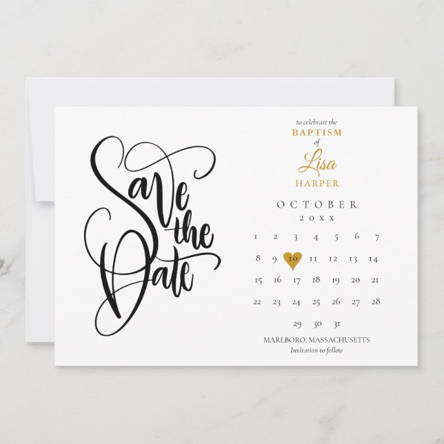 Save The Date Baptême Calendrier Christening Gold Heart (Devant)