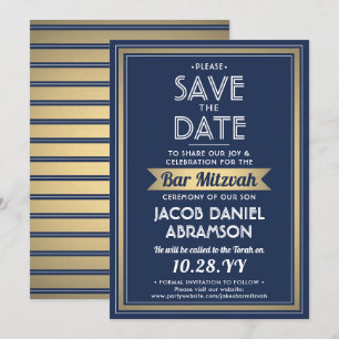 Save The Date Bar Mitzvah Modern Navy Bleu Blanc Faux Or