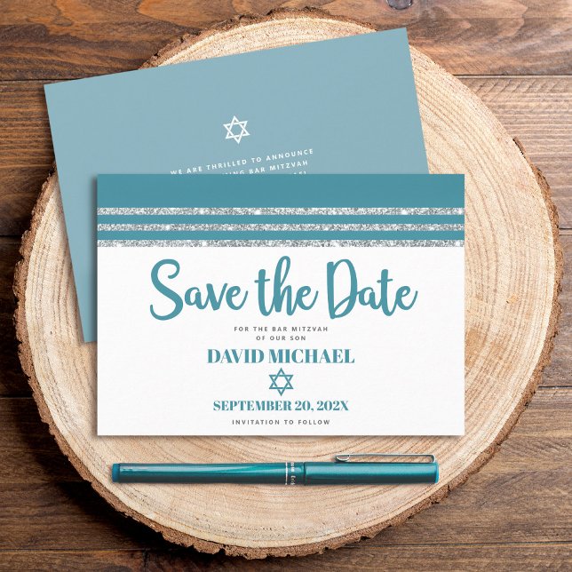 Save The Date Bar Mitzvah Moderne Bold Turquoise Argent Tallit S (Créateur téléchargé)