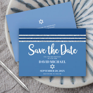 Save The Date Bar Mitzvah Moderne Gras Talit Argent Bleu Écritur