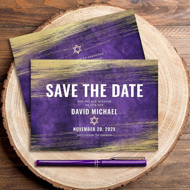 Save The Date Bar Mitzvah Purple Aquarelle Or Foil Moderne (Créateur téléchargé)