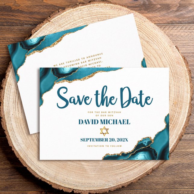 Save The Date Bar Mitzvah Simple moderne Turquoise Agate Script (Créateur téléchargé)