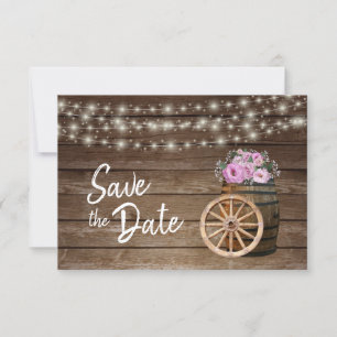 Save The Date Baril Rustique En Bois Et Fleurs Roses - Enregistr